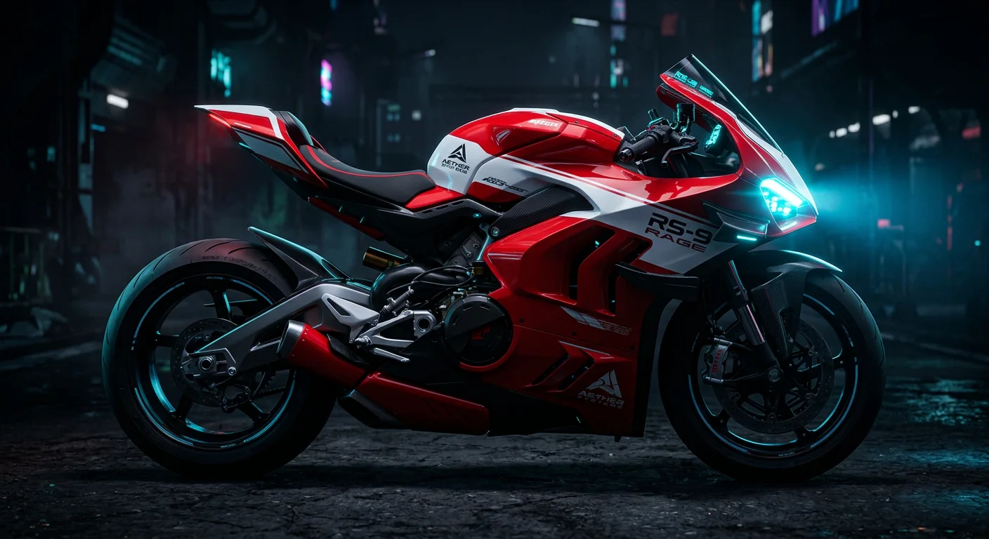 aggressive profile of a futuristic red superbike, dark background, cyan glowing headlight accents