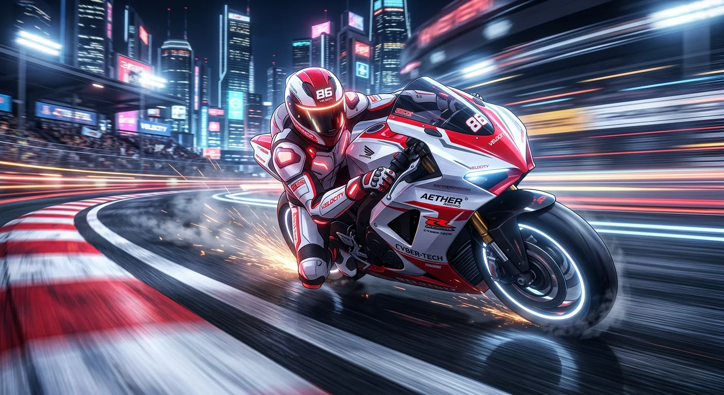 dynamic action shot, futuristic motorcycle rider in white armor leaning into a curve on a race track