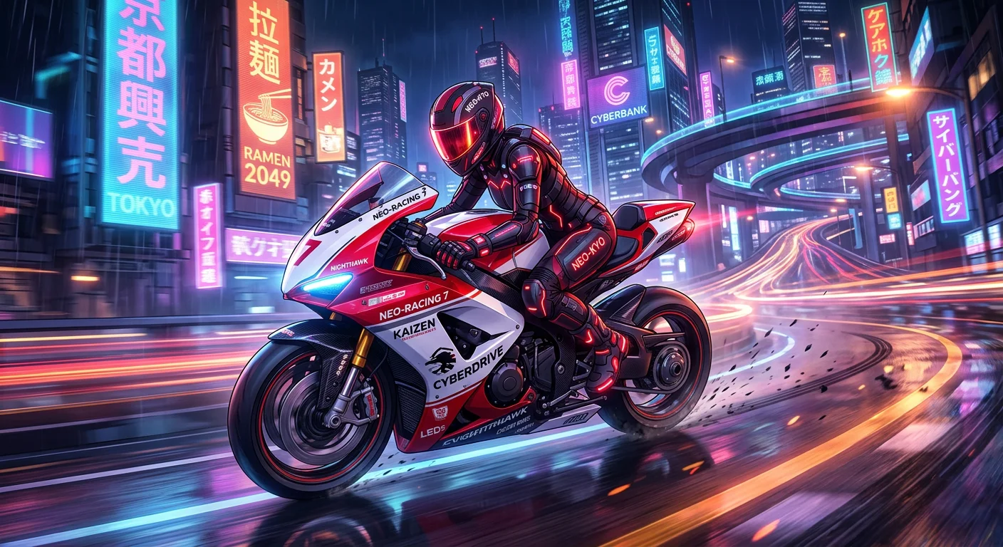 vibrant illustration style, cyberpunk rider on a red motorcycle, dynamic motion, red and black aesthetic